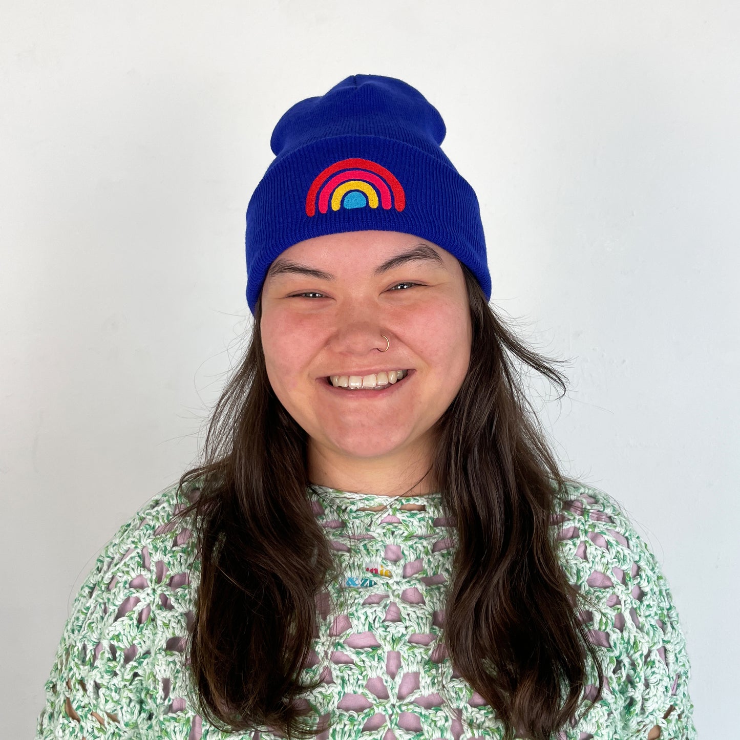 Rainbow Beanie - Blue Embroidered