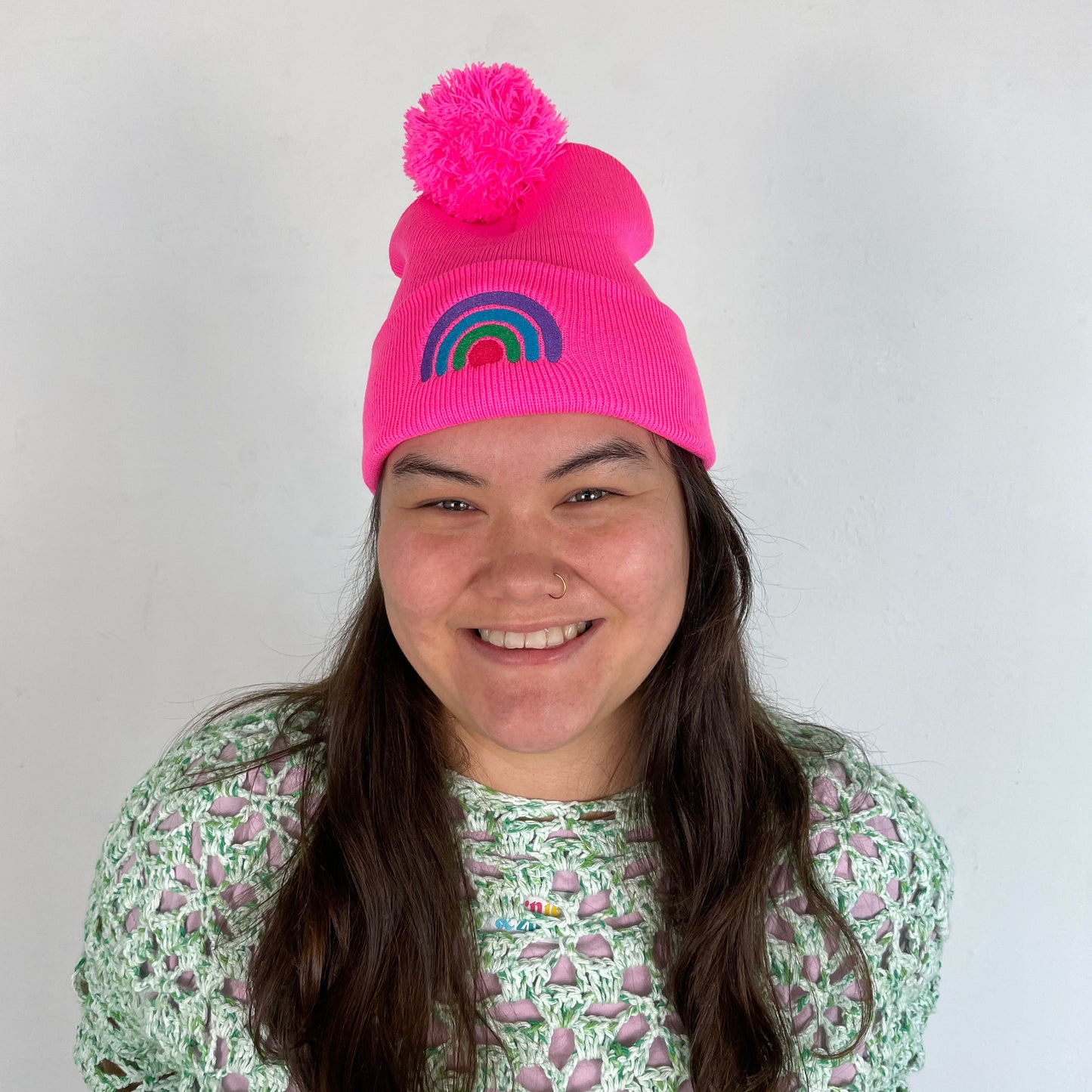 Rainbow Beanie - Hot Pink Embroidered