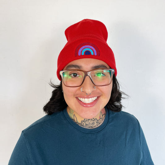 Rainbow Beanie - Red Embroidered